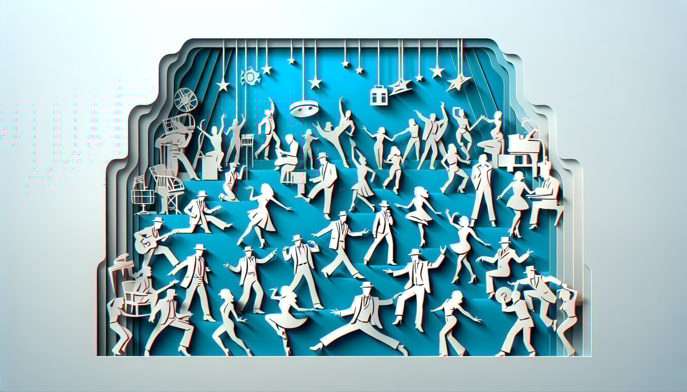 Paper cutout style illustration of dancers and character silhouettes with quiz title text on sky blue background