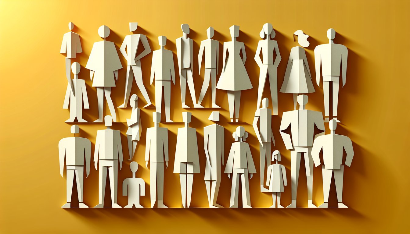 Paper art silhouettes of varied body shapes on golden yellow backdrop inviting you to take a free fun body shape quiz.