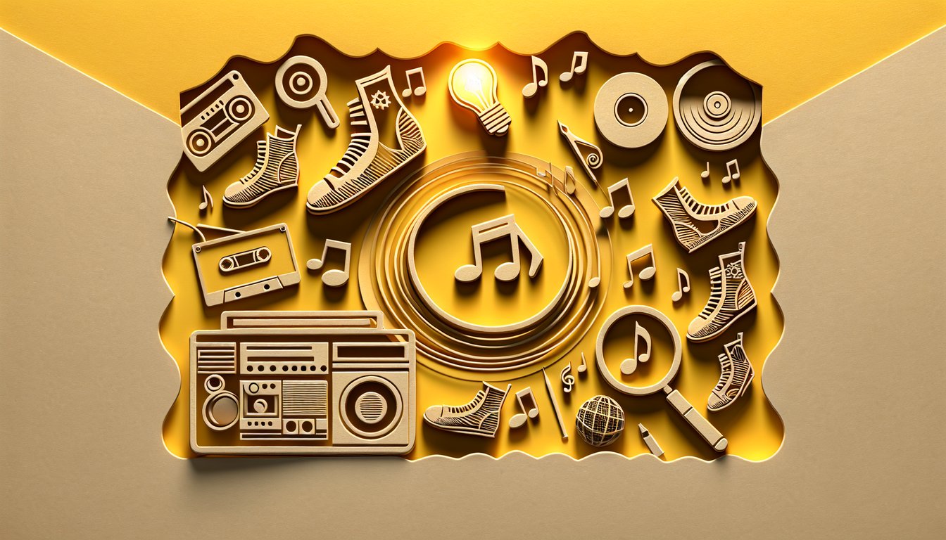 Paper art illustration featuring MJ silhouette hat and glove music notes vinyl record and quiz text on yellow background