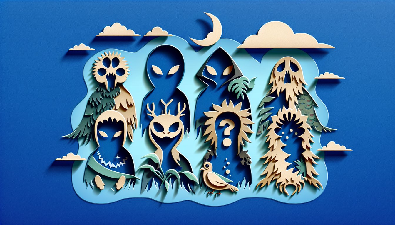 Paper art illustration for a cryptid personality quiz on a sky blue background