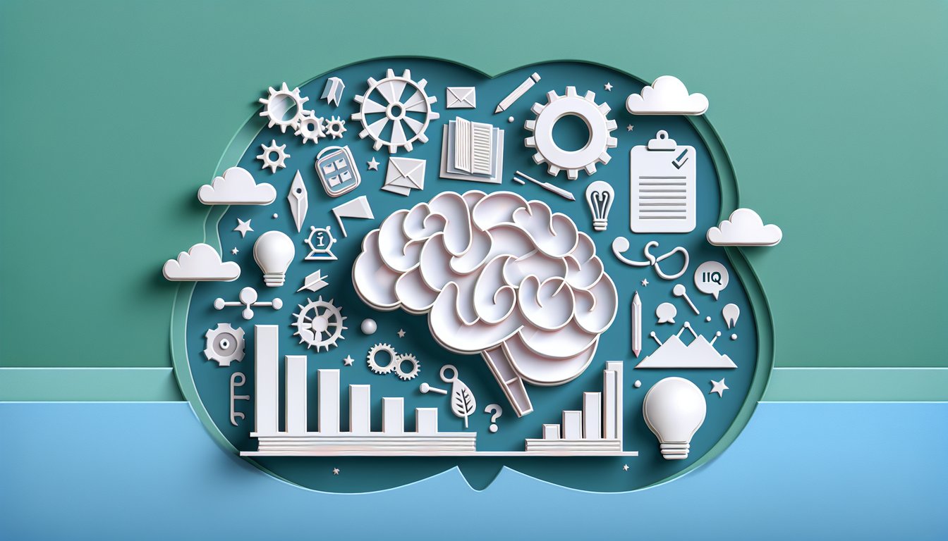 Paper art illustration for IQ and brainpower assessment quiz on teal background