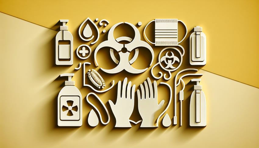 Paper art illustration for Chapter 5 Infection Control quiz on golden yellow background