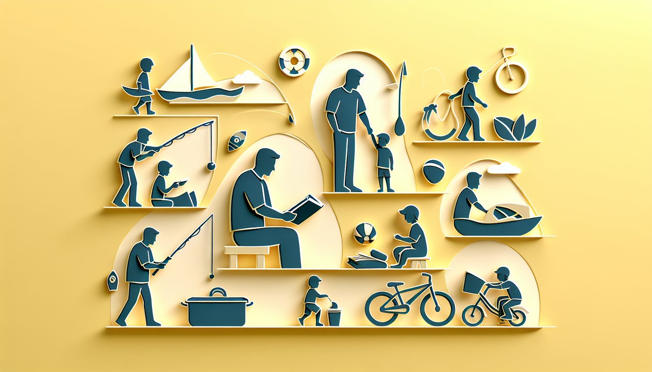 Paper art illustration for dad skills quiz on a golden yellow background