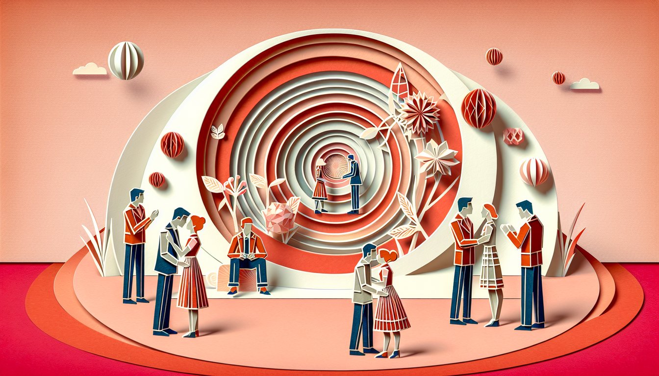 Paper art illustration for kiss test quiz on a coral background