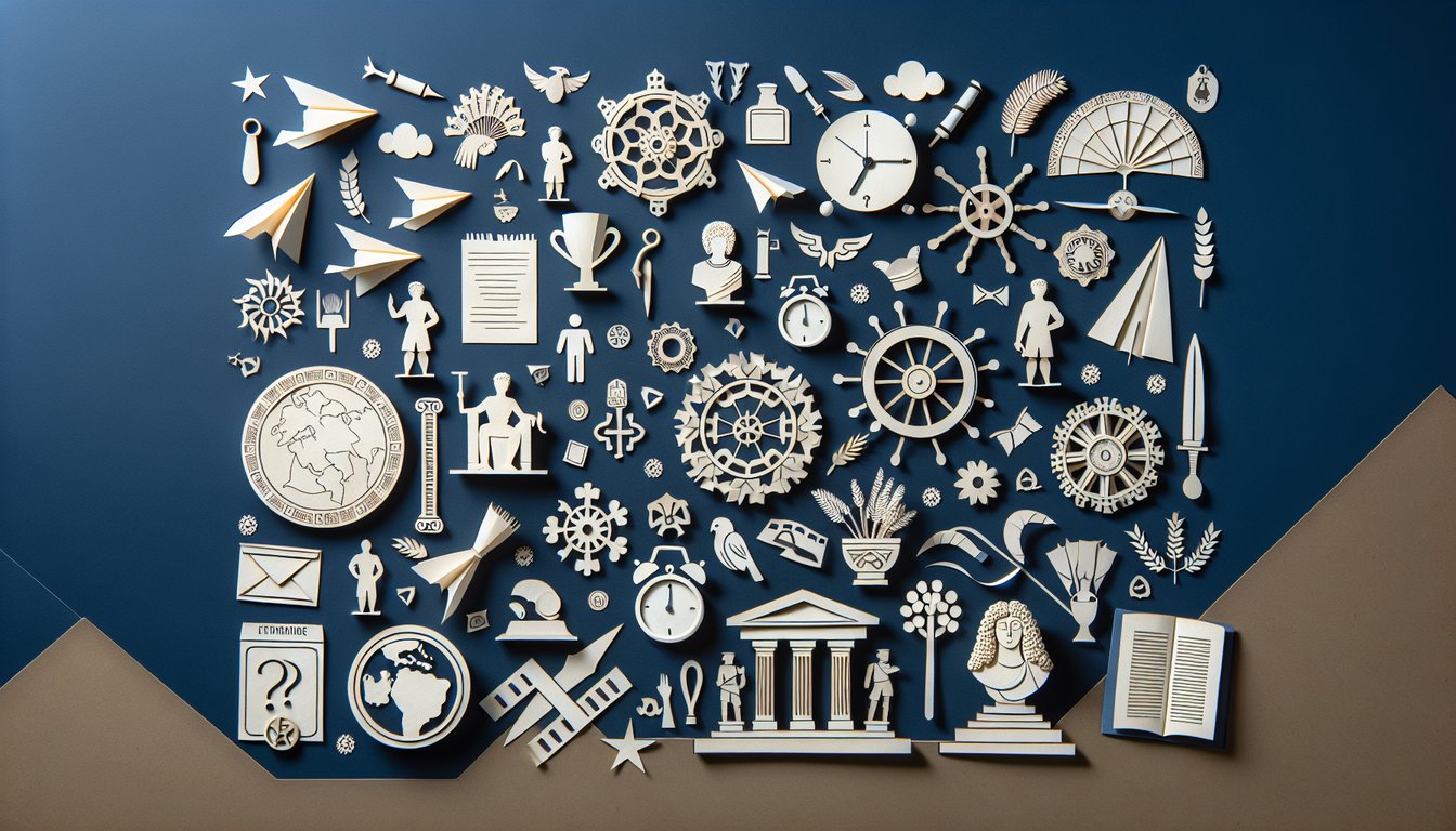 Colorful paper art depicting elements related to a Historical Events Trivia Quiz.