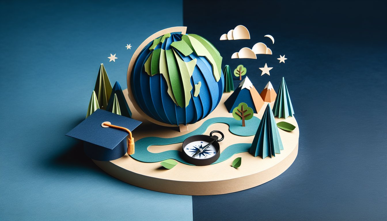 Paper art illustrating a trivia quiz for AP Human Geography Unit 2 study prep for high school students