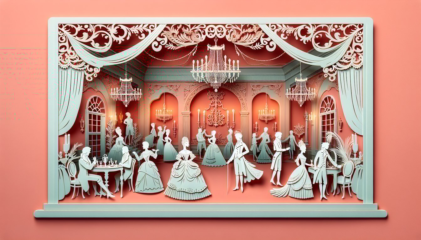 Paper art illustration for Bridgerton knowledge quiz on a coral background