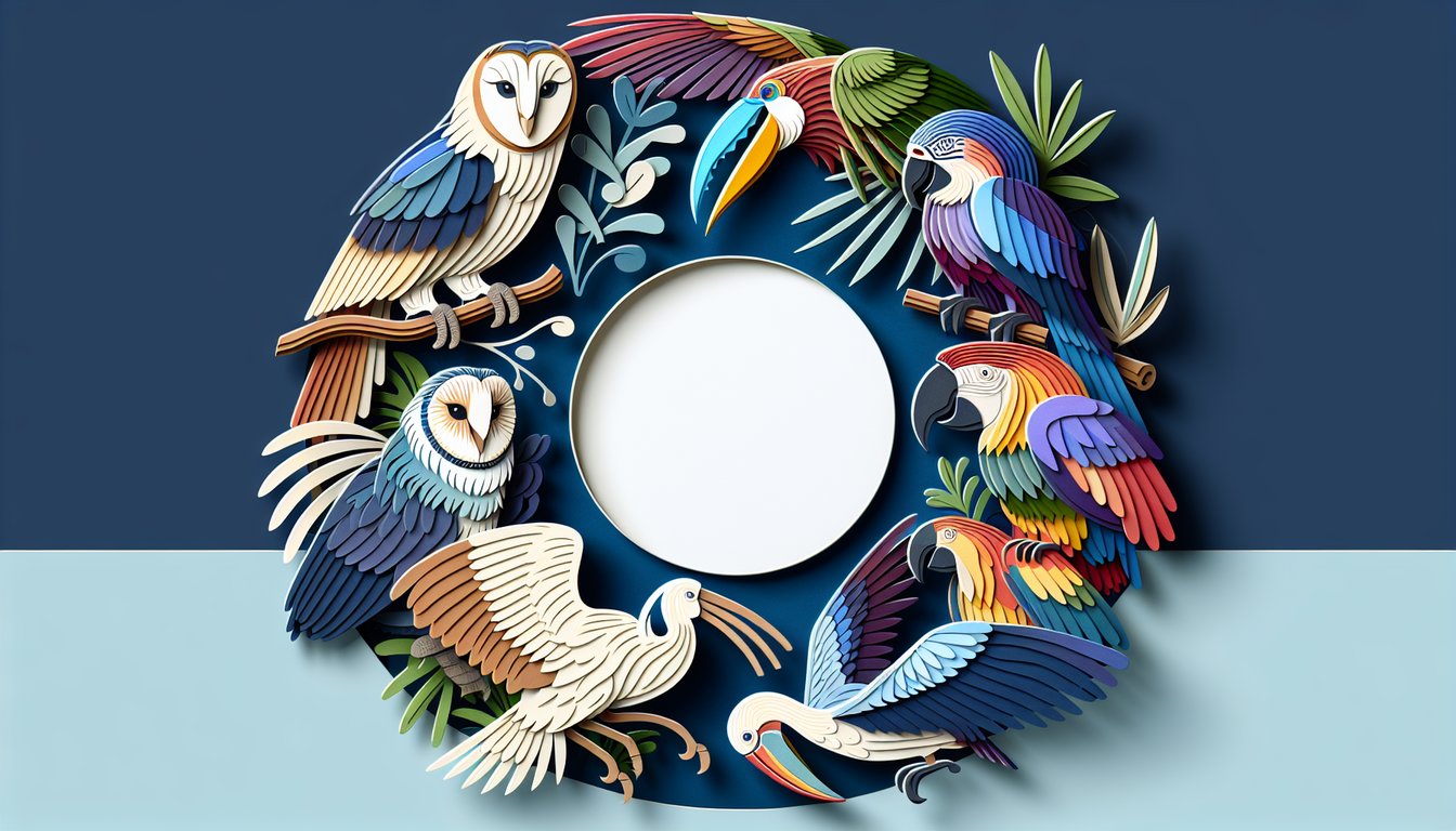 paper art layers of colorful bird silhouettes and tropical leaves on dark blue background with bold quiz banner