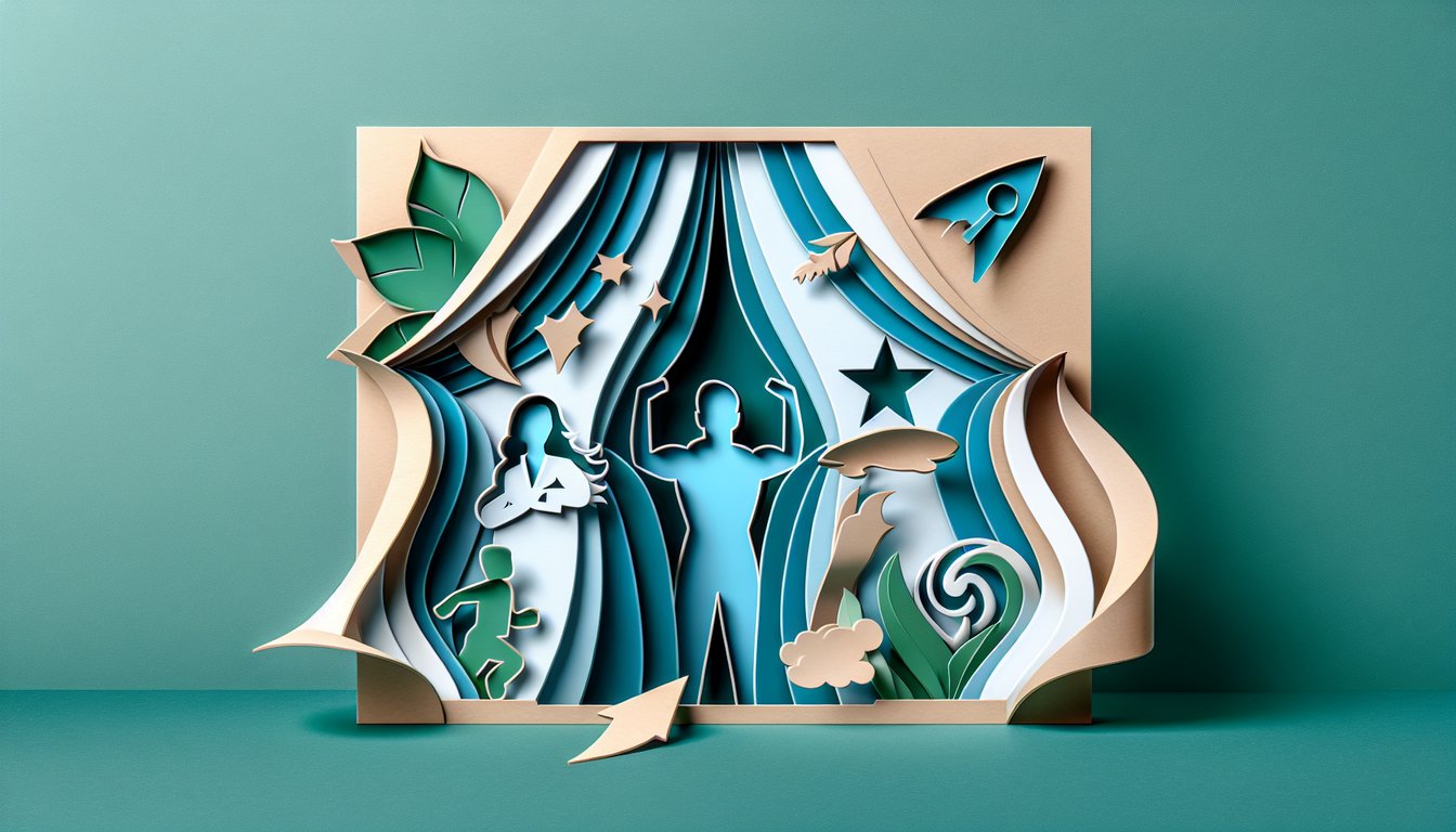 Paper art collage of icons lightning bolt brain heart and wings evoking superpowers on teal background