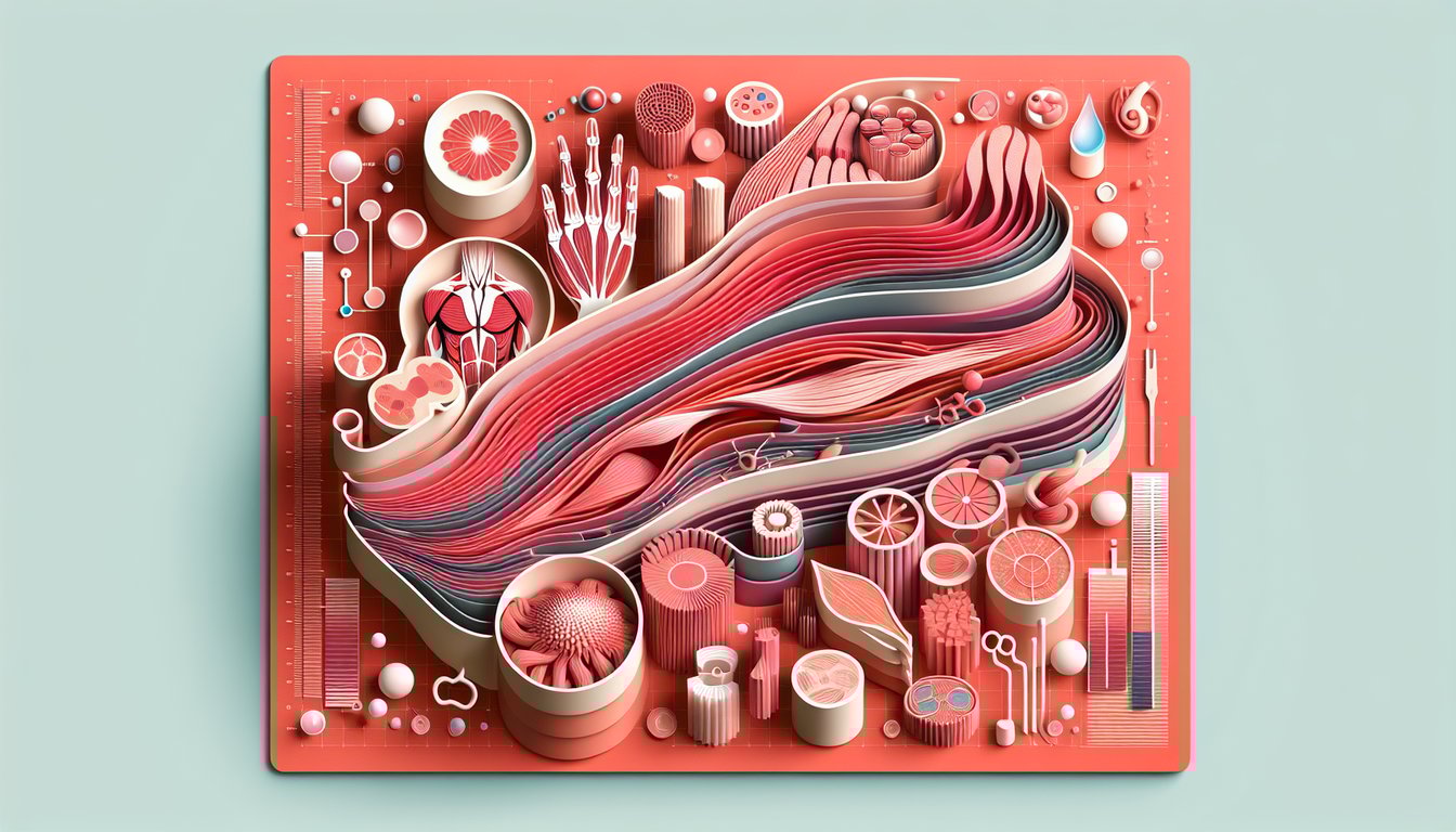 Paper art muscle fibers and cells illustration with quiz title text on coral background