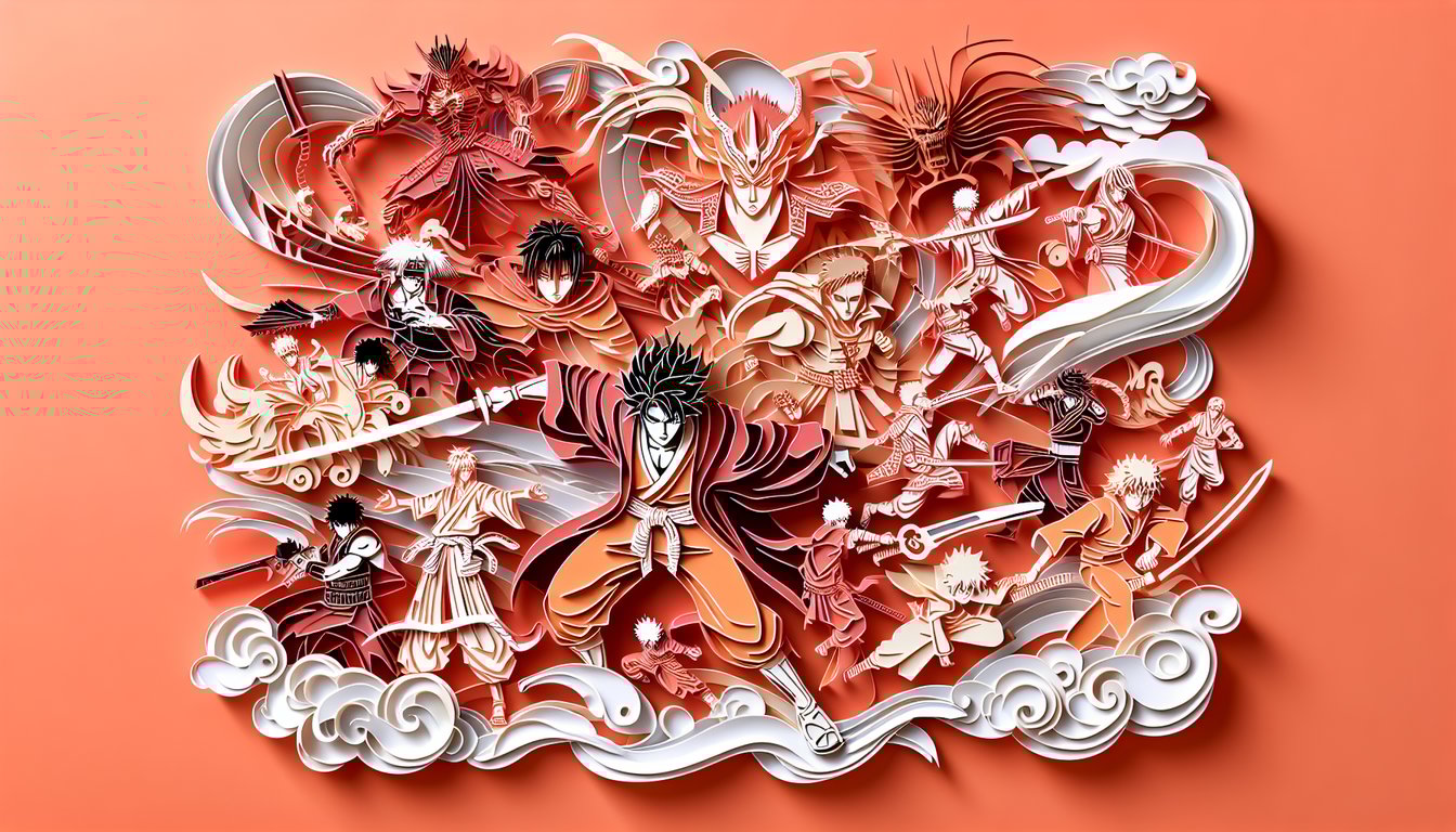 Paper art illustration for DBZ quiz showcasing epic battles, transformations, character lore on coral background