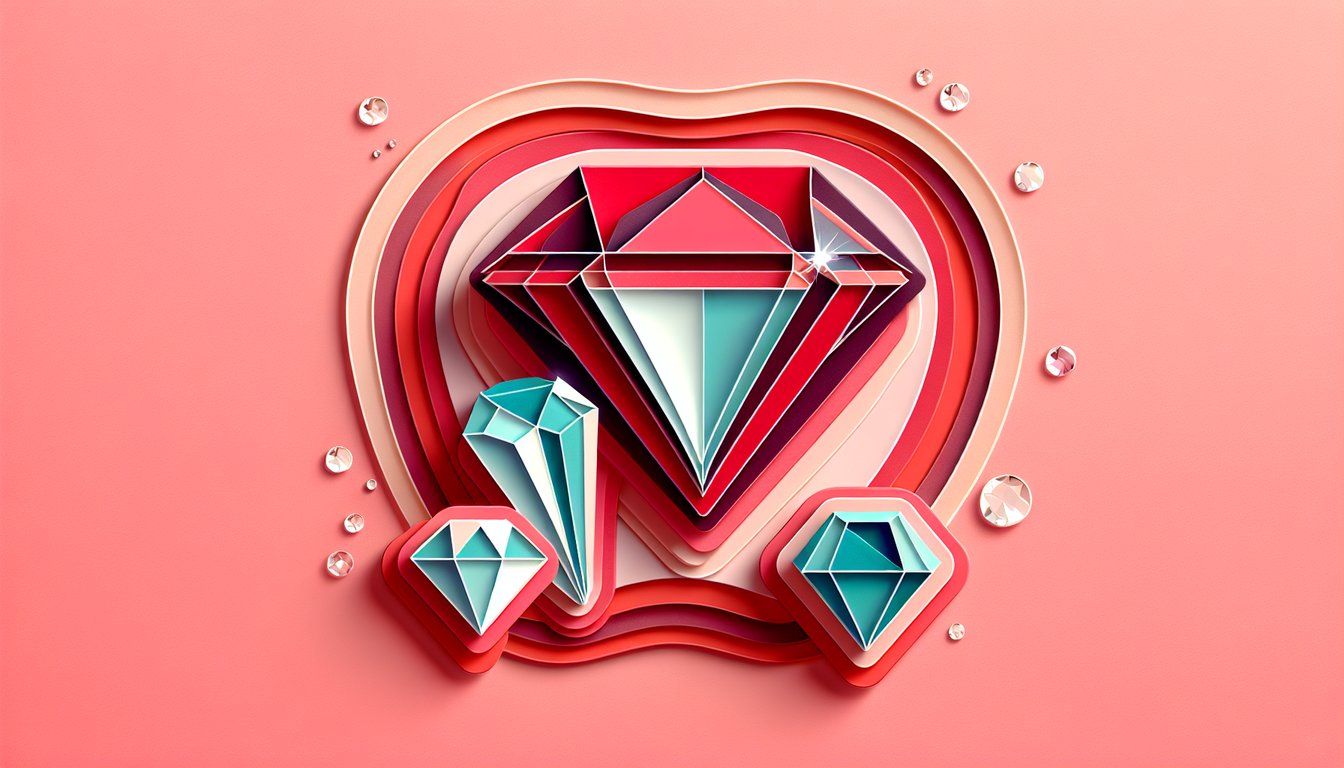 Paper art illustration of ruby sapphire emerald on coral background for free jewel personality quiz