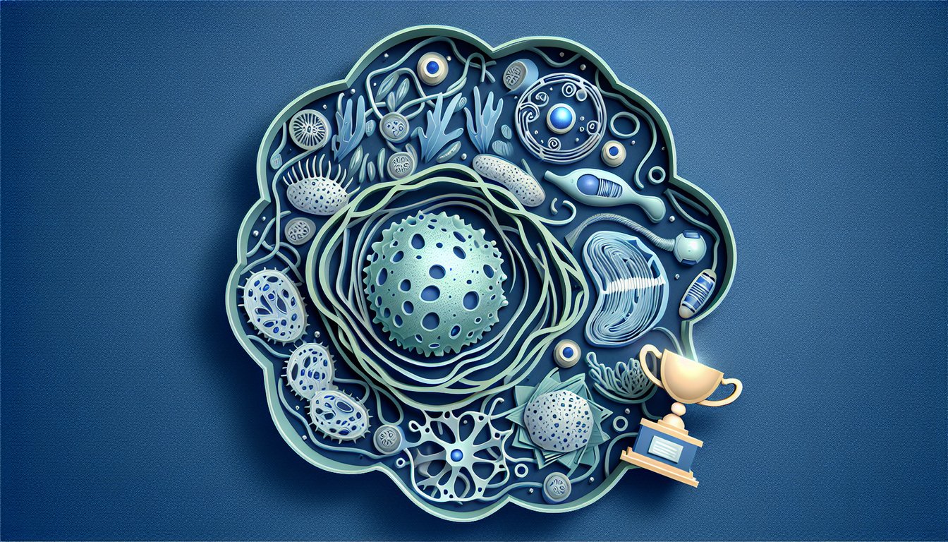 Paper art cell components nucleus mitochondria ribosomes on dark blue background quiz banner