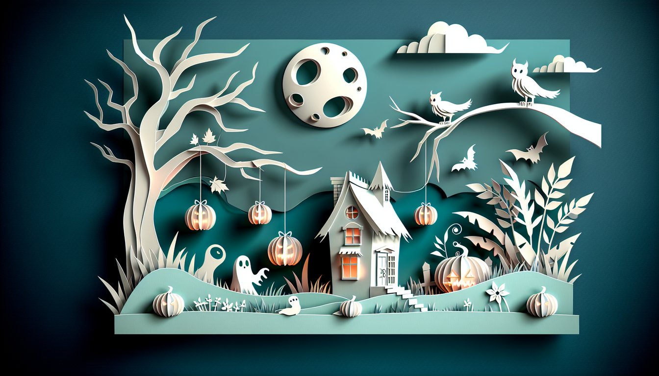 Paper art illustration for Am I Creepy Quiz with spooky elements on a teal background