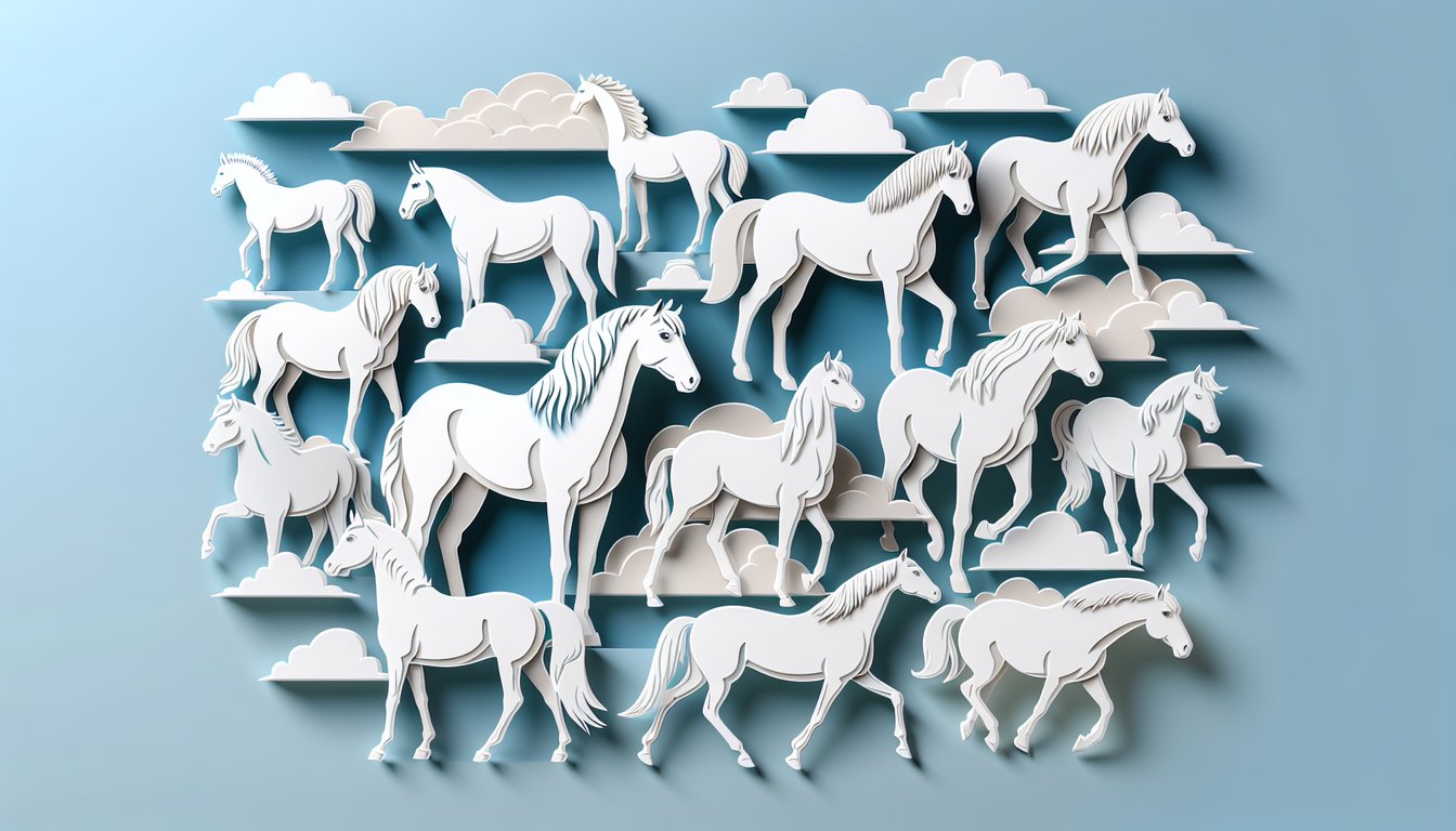 Paper art illustration for horse breed personality quiz on a sky blue background