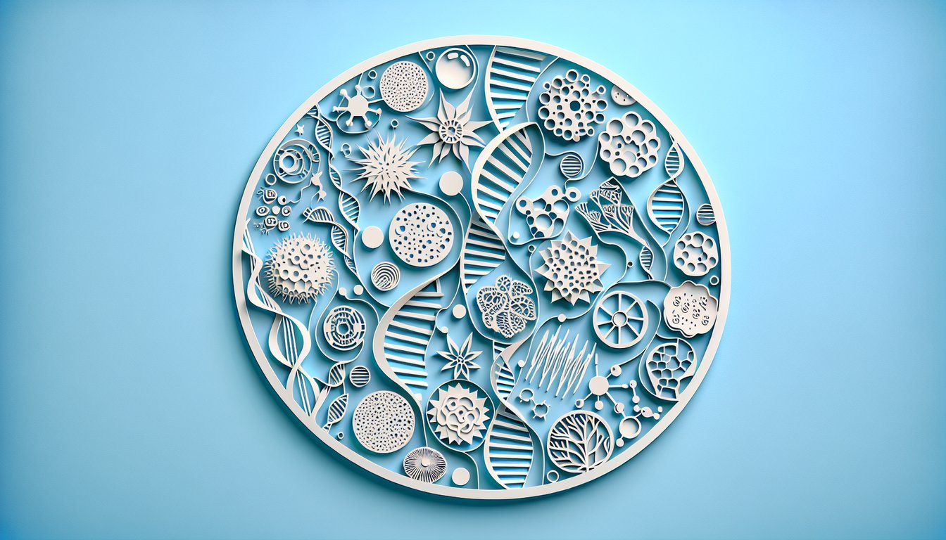 Paper art illustration for a challenging biology quiz on a sky blue background