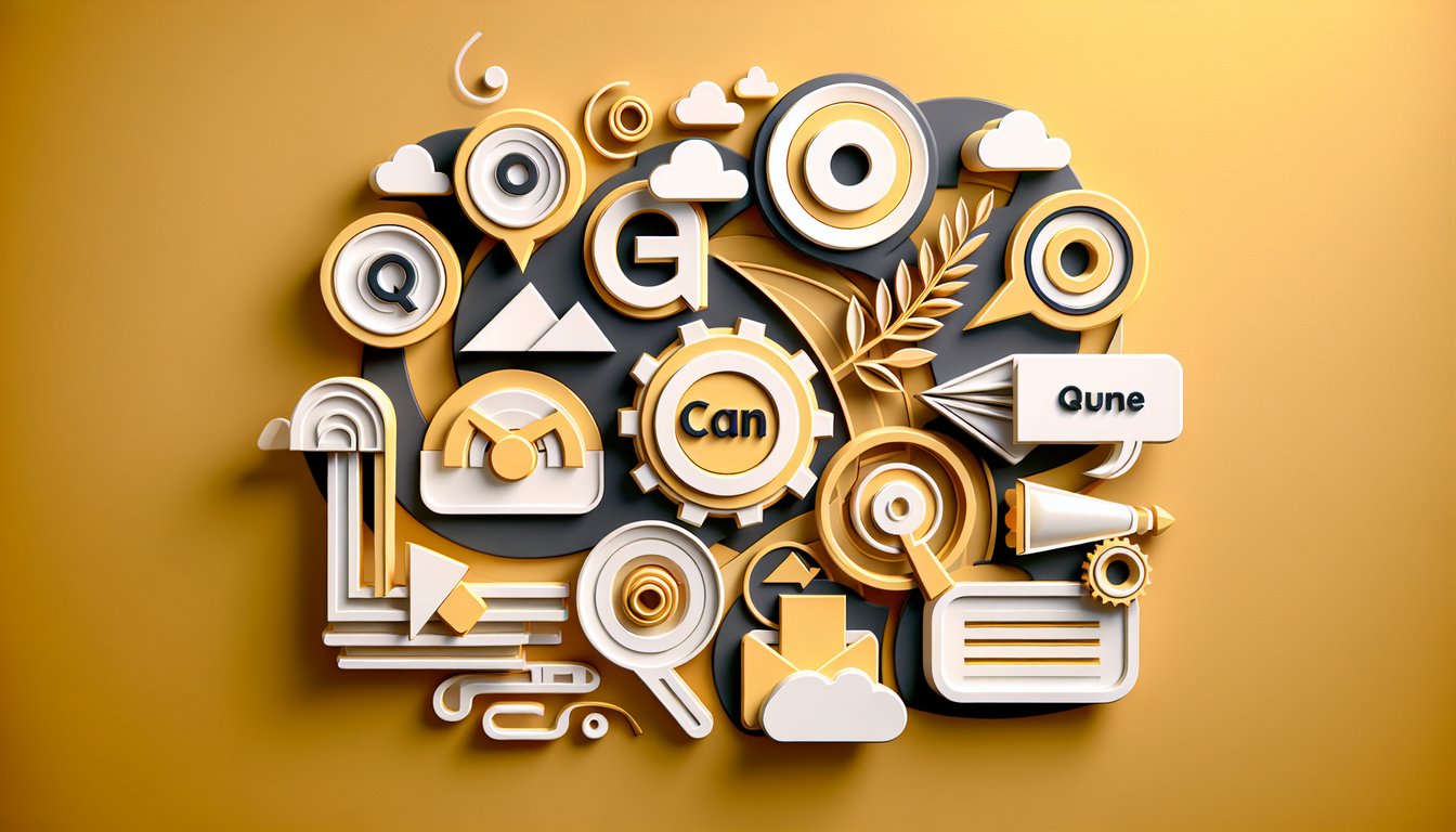 Paper art illustration on golden yellow background for modal verb can quiz, featuring letters and grammar icons.