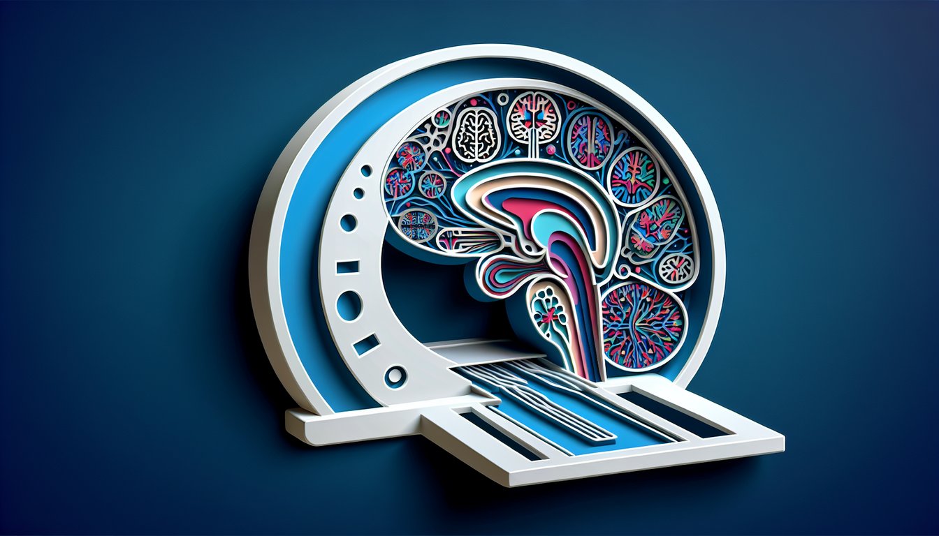 Paper art brain and spinal cord MRI slices quiz title on dark blue background