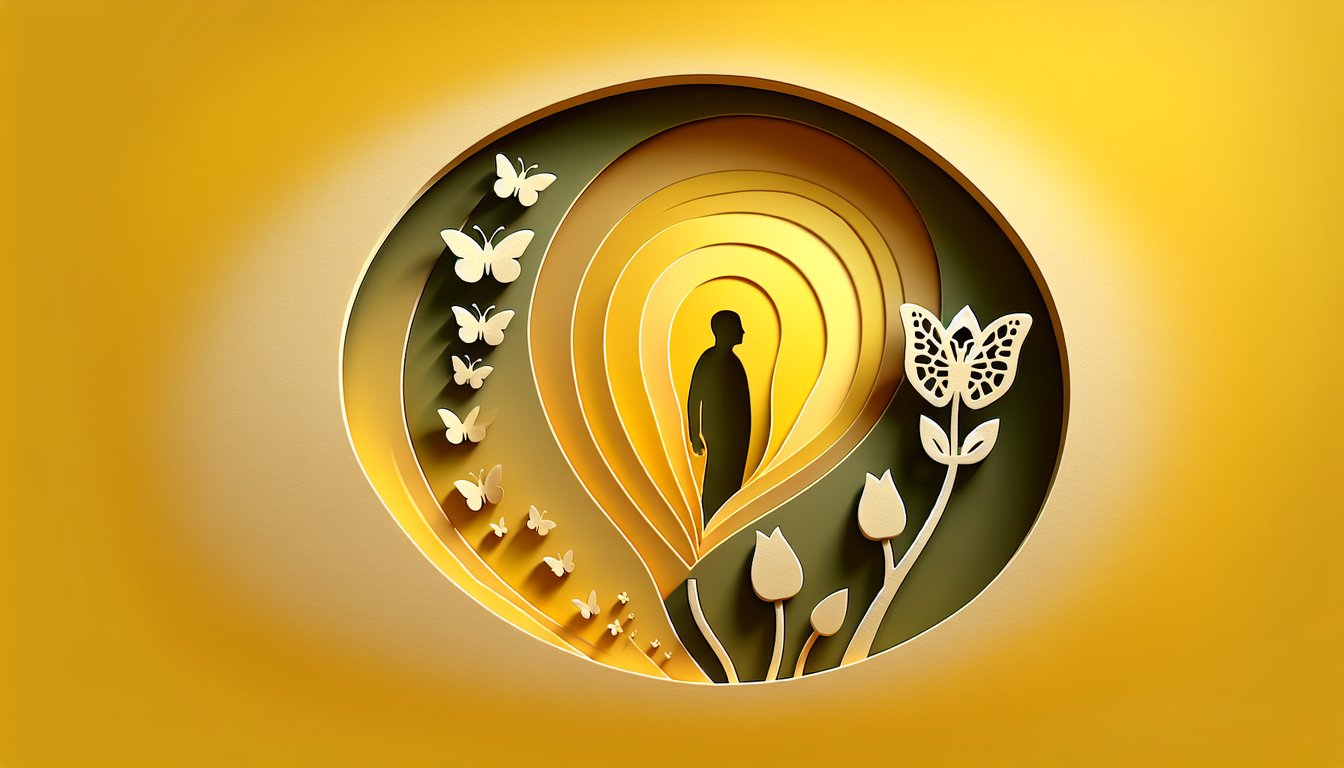 Paper art illustration showing a doormat morphing into a confident girl on a golden yellow background for a confidence quiz