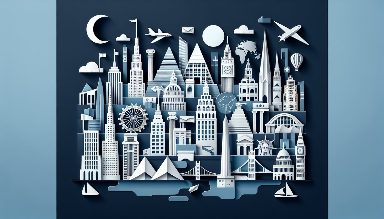 Paper art depicting various global landmarks for a City Tourism Trivia Quiz