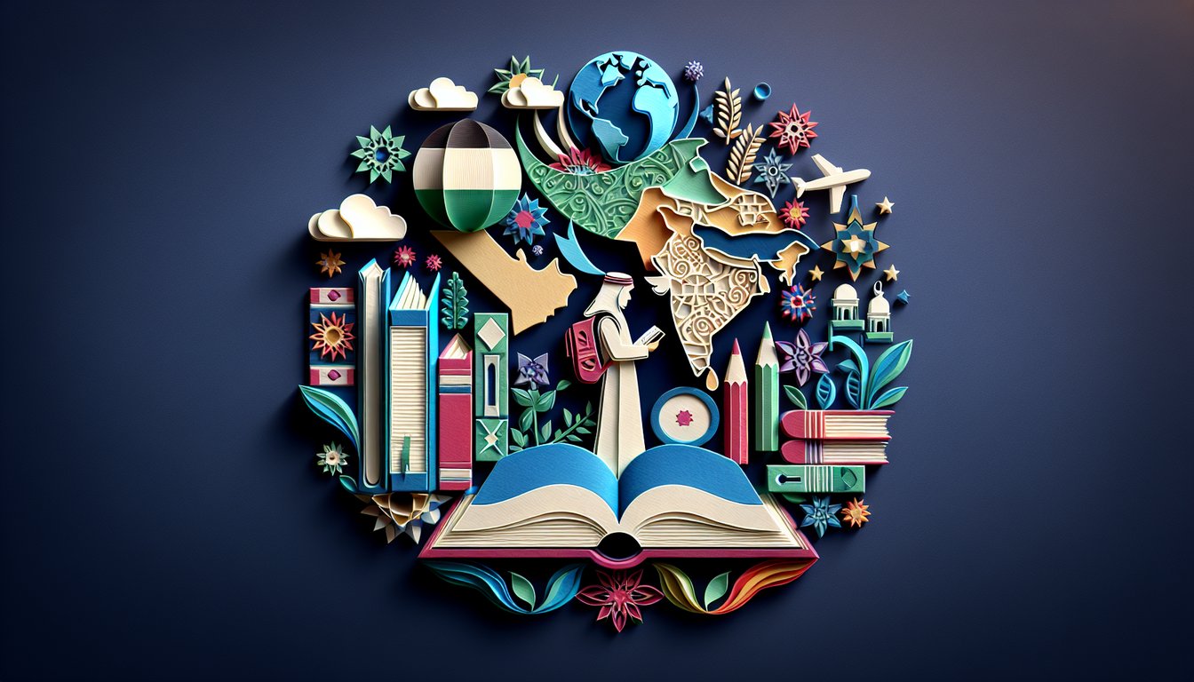 Colorful paper art promoting Middle Eastern nationalism trivia quiz for high school students.