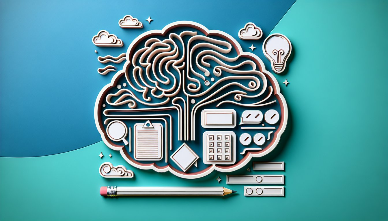 Paper art illustration with quiz icons question marks checkmarks on teal background for free RBT quiz ABA Rocks test