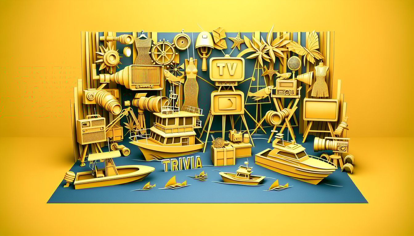 Paper art illustration for reality TV trivia quiz featuring Deadliest Catch and Project Runway on golden yellow background