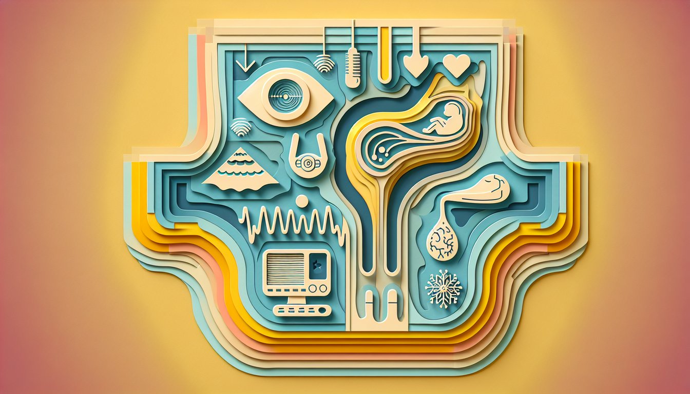 Paper art style ultrasound transducer emitting refracted waves through layered tissue shapes on golden yellow background