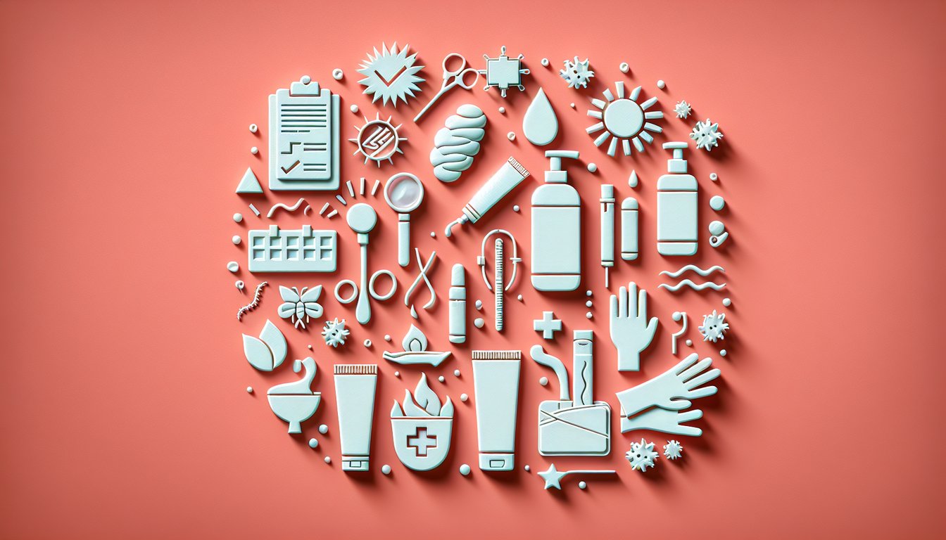 Paper art illustration for eczema quiz showing layered skin sections and quiz prompt on coral background