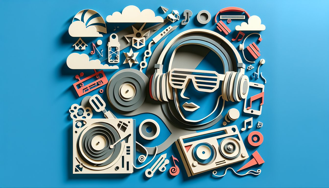 Paper art illustration with mic headphones and graffiti text for What Rapper Am I quiz on sky blue background