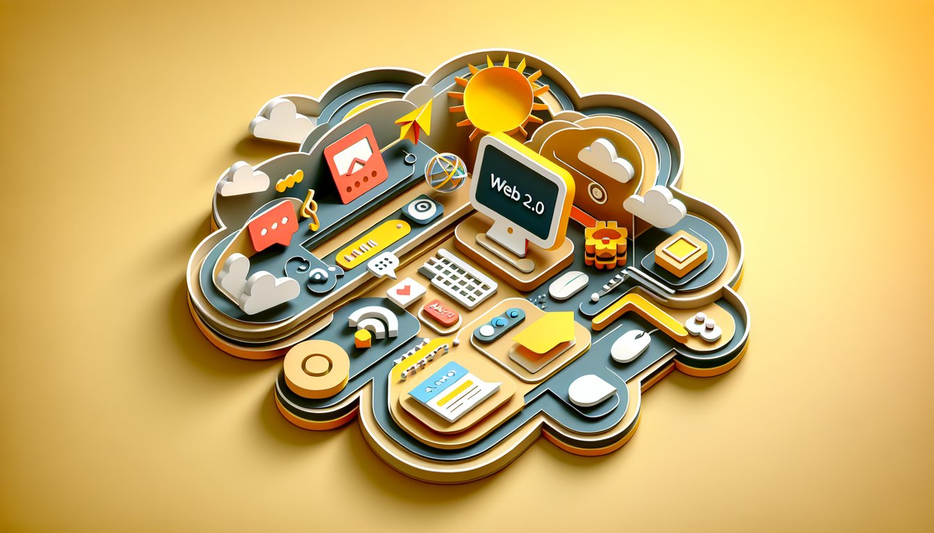 paper art illustration showing quiz icons for web 2.0 concepts ajax apis social media on golden yellow background