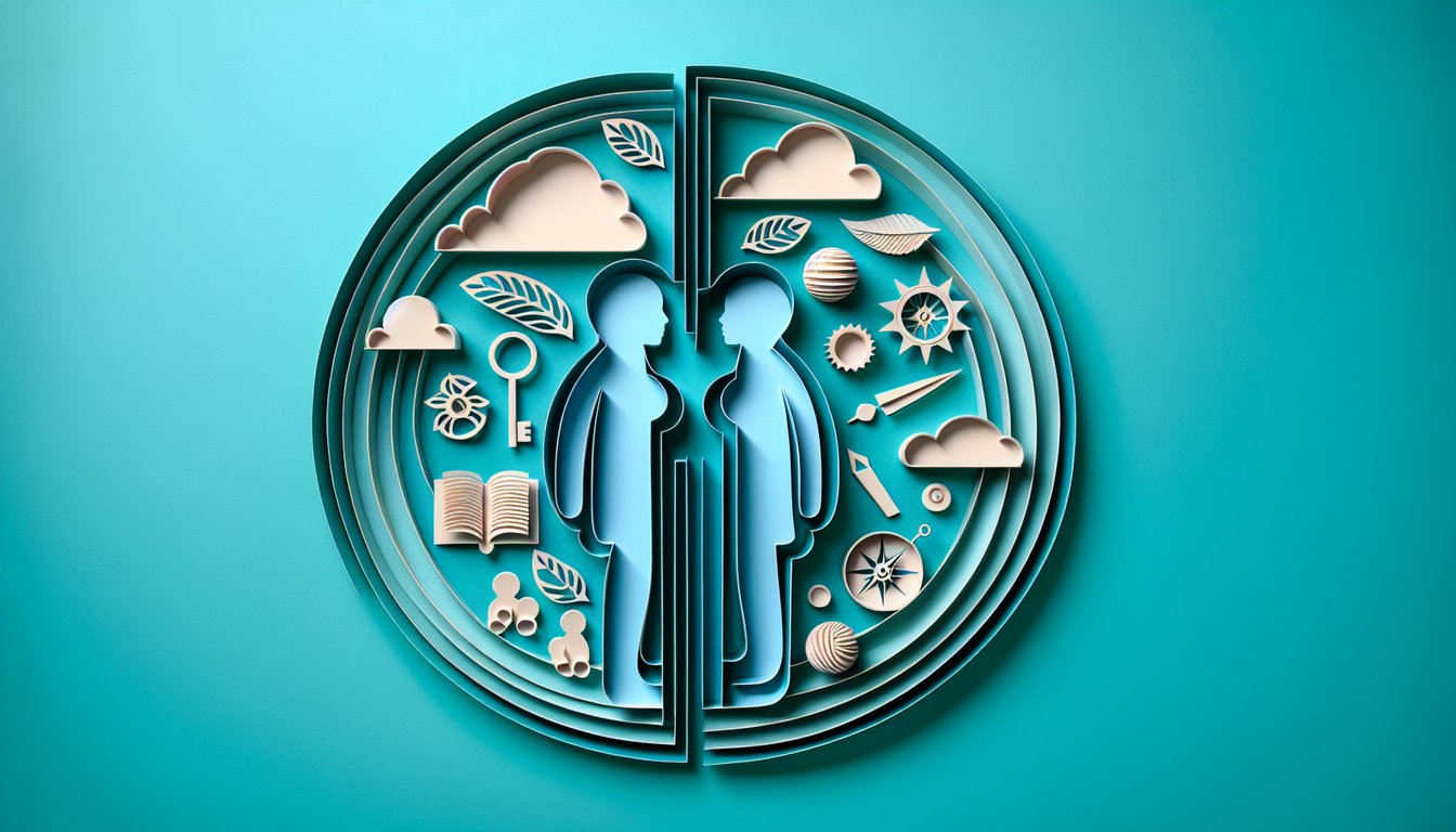 Paper art illustration for marriage-related personality quiz on teal background