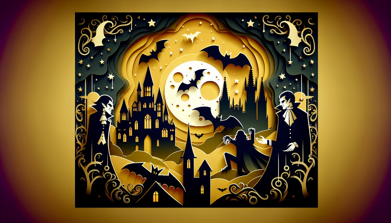 Paper art illustration for quiz testing vampire trivia skills in My Babysitters a Vampire on golden yellow background.