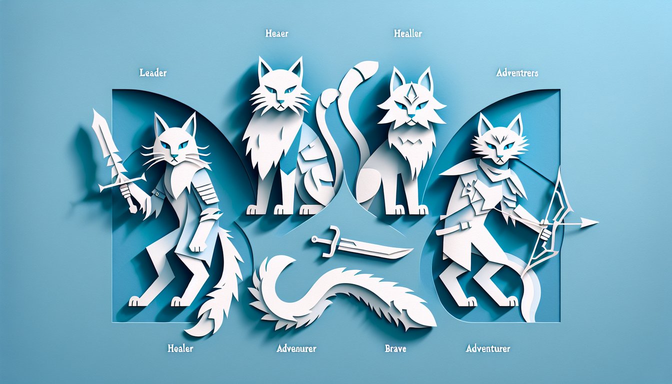 Paper art cats and names Bluestar Leafpool Squirrelflight Tigerstar arranged for a personality quiz on sky blue background