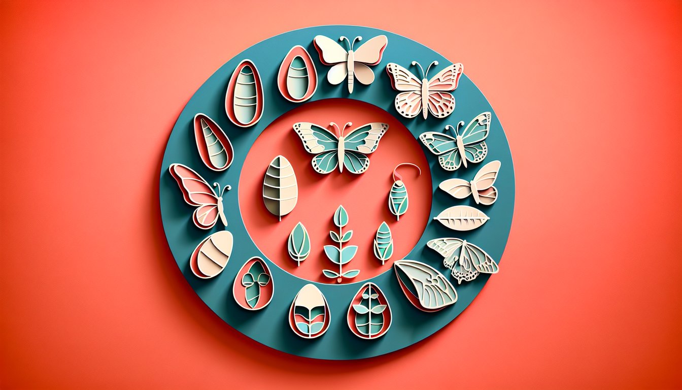 Paper art eggs caterpillar chrysalis and adult butterfly on coral background quiz banner