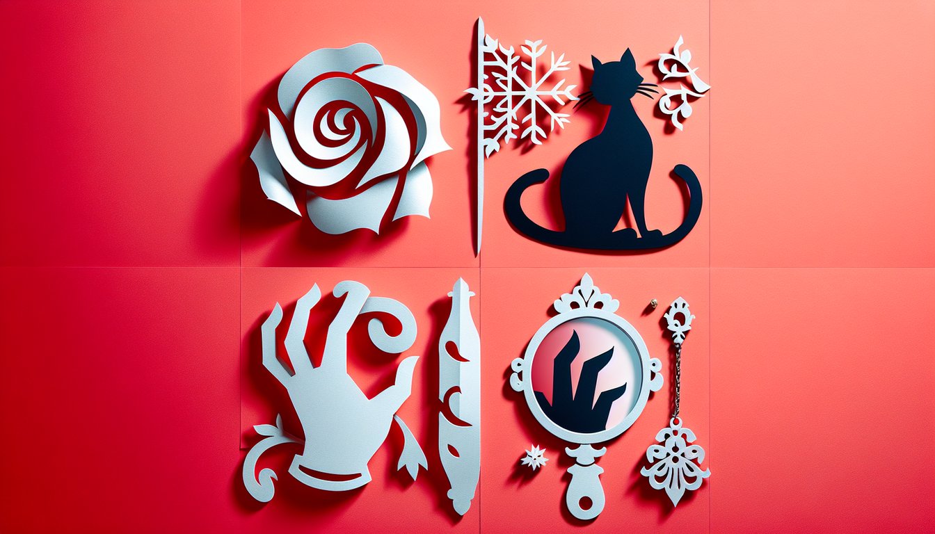 Paper art collage of four stylized huntresses in red white black yellow on coral background for RWBY character quiz.