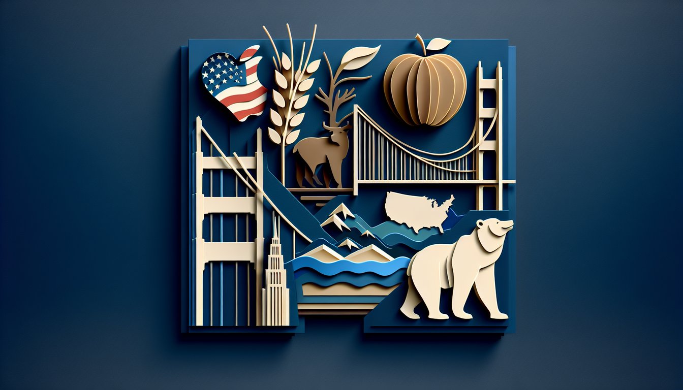 Paper art illustration for US trivia quiz featuring American landmarks on a dark blue background.