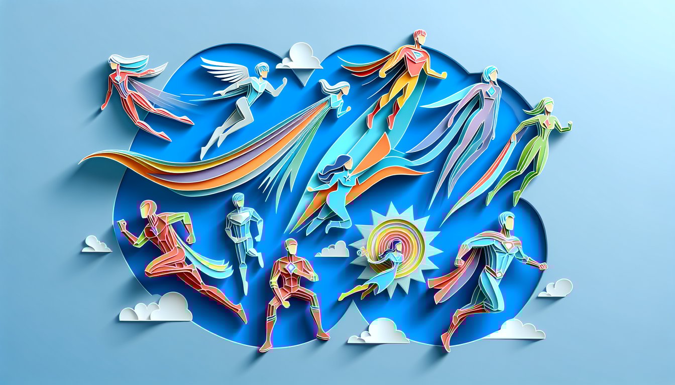 Paper art illustration for superhero traits quiz on sky blue background