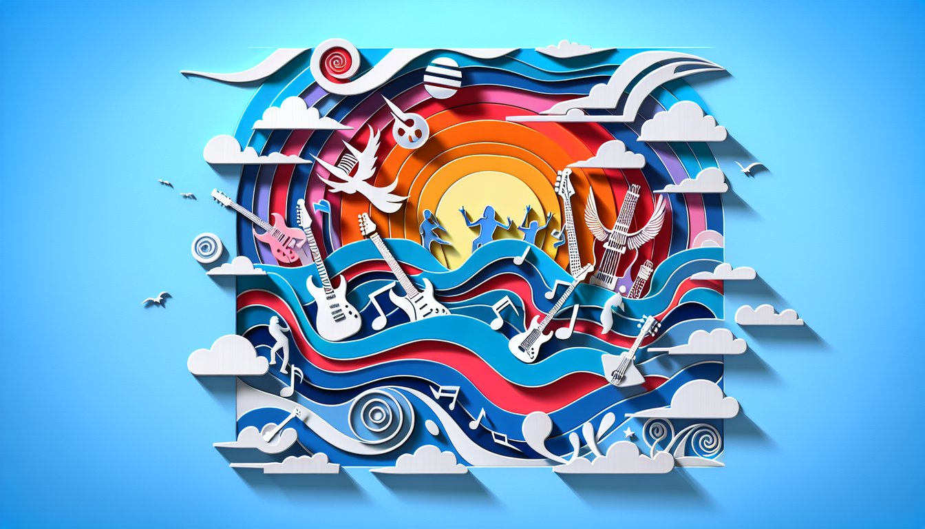 Paper art illustration for David Bowie songtexte trivia quiz on a sky blue background