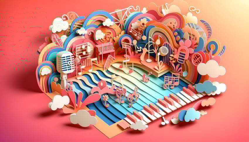 Paper art illustration for Vocaloid personality quiz on a coral background