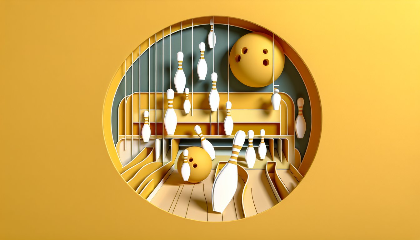 Paper art illustration for bowling quiz on golden yellow background