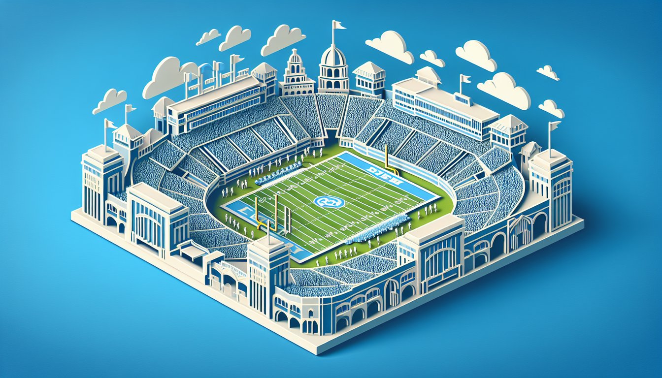 Paper art illustration with football stadium silhouettes and quiz title on sky blue background.