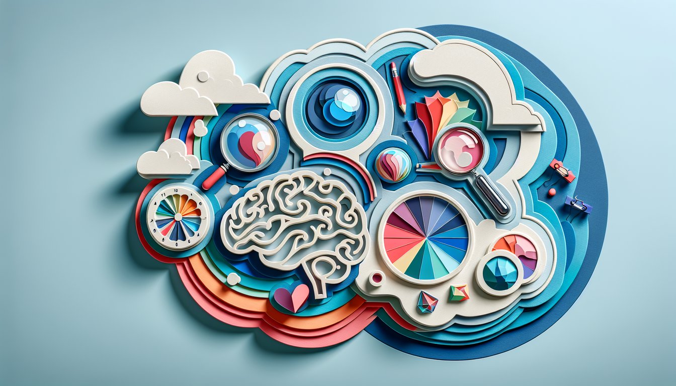 Paper art collage of colorful shapes radiating on sky blue background for personality color quiz