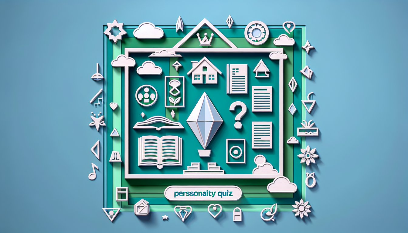 Paper art illustration for Sims 2 Aspiration personality quiz on a teal background.