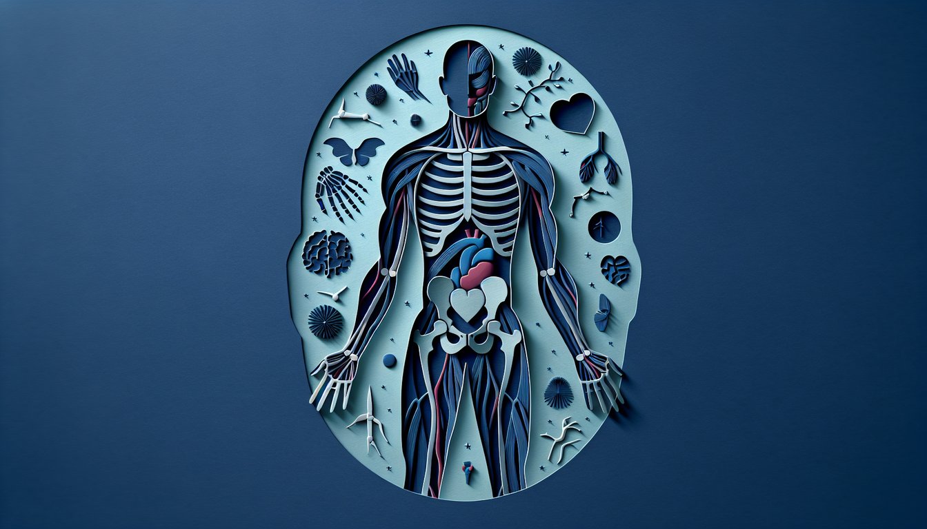 Paper art illustration of human anatomy with heart brain skeleton muscle surrounding quiz title on dark blue background