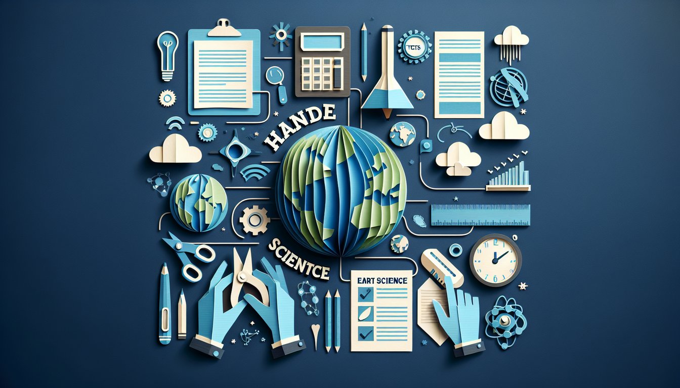 Paper art depicting a Hands-On Earth Science trivia quiz for middle school students.