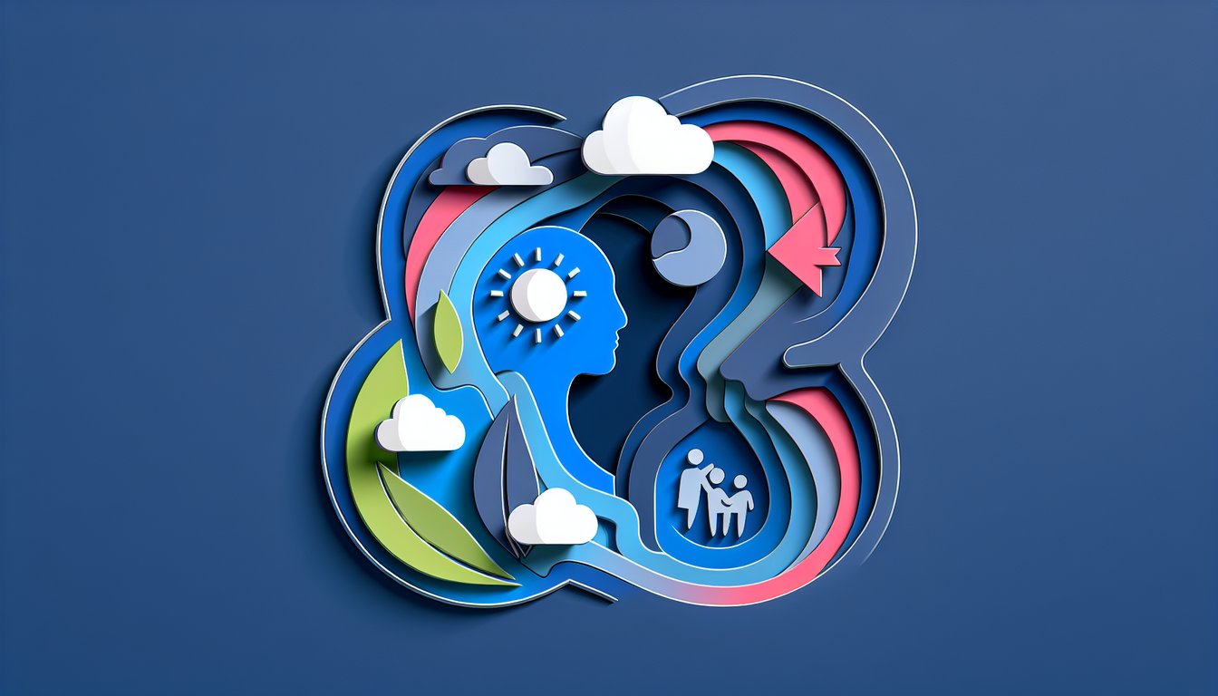 Paper cut illustration with question mark heart and alert icons for mental health awareness quiz on dark blue background