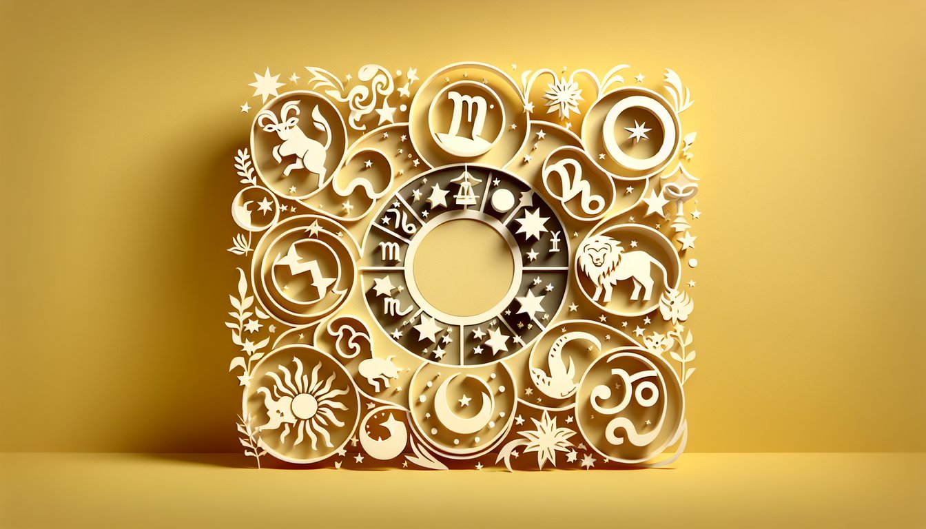 Paper cutout zodiac wheel layered on golden yellow background