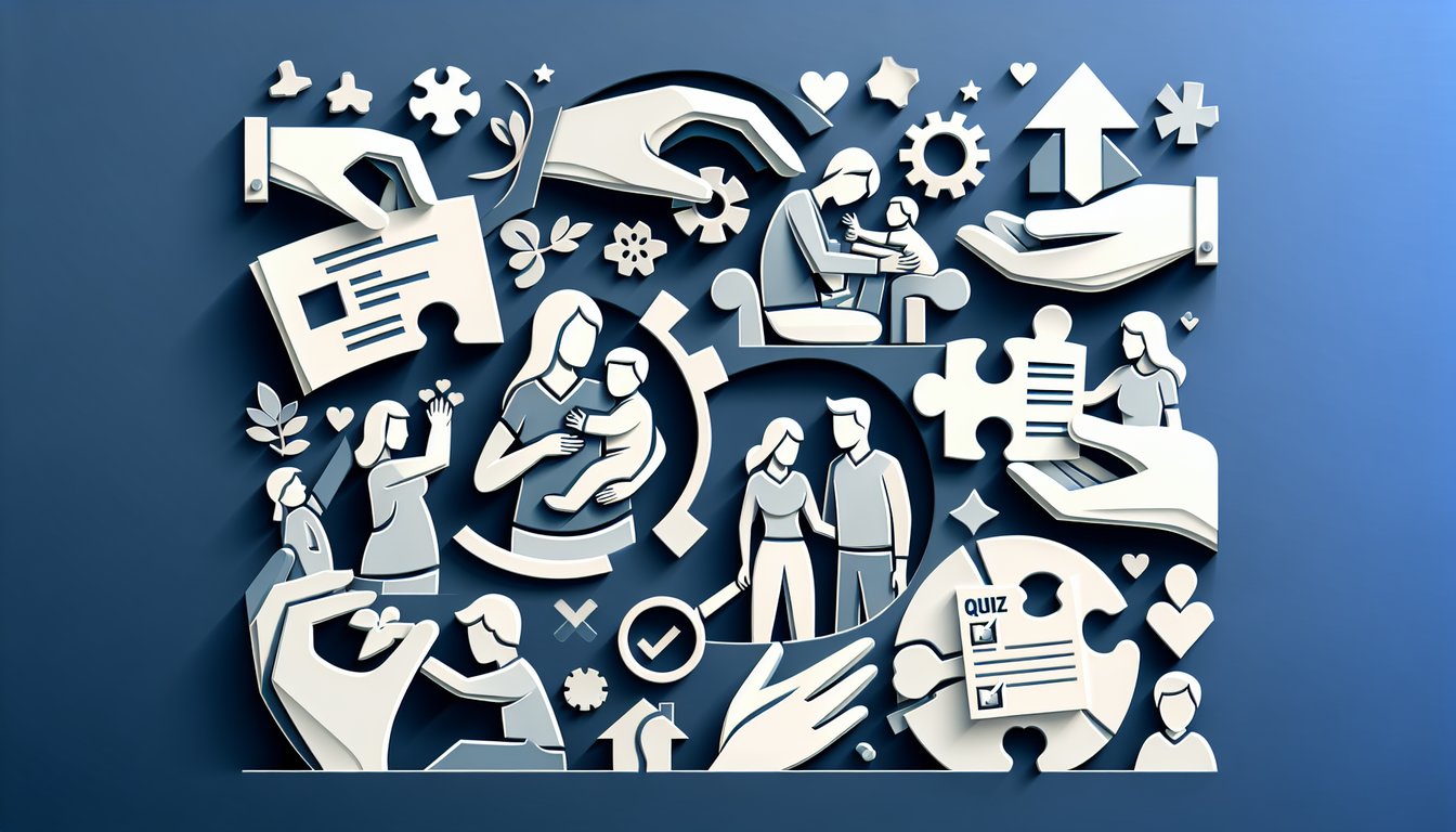 Paper art illustrating a parenting compatibility test on a dark blue background