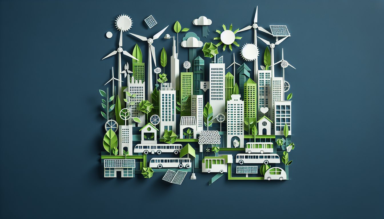 3D voxel art showcasing elements of Urban Sustainability course, including green buildings and clean energy.
